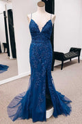 Appliques Lace-Up Back Mermaid Long Prom Dress with Slit