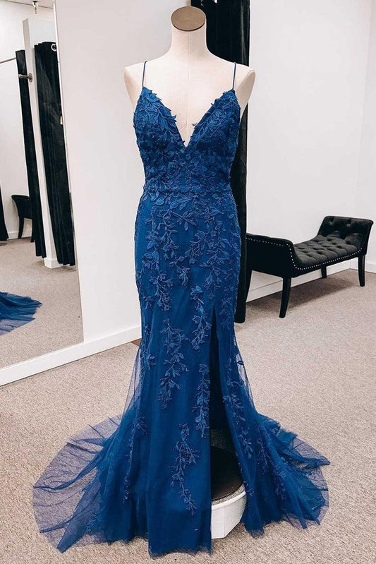 Marineblaues langes Meerjungfrau-Ballkleid mit Applikationen, Schnürung am Rücken und Schlitz PSK391