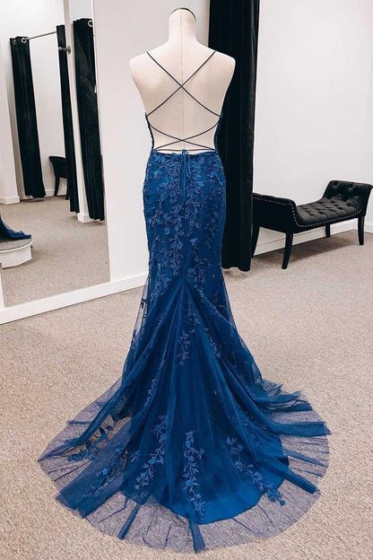 Marineblaues langes Meerjungfrau-Ballkleid mit Applikationen, Schnürung am Rücken und Schlitz PSK391