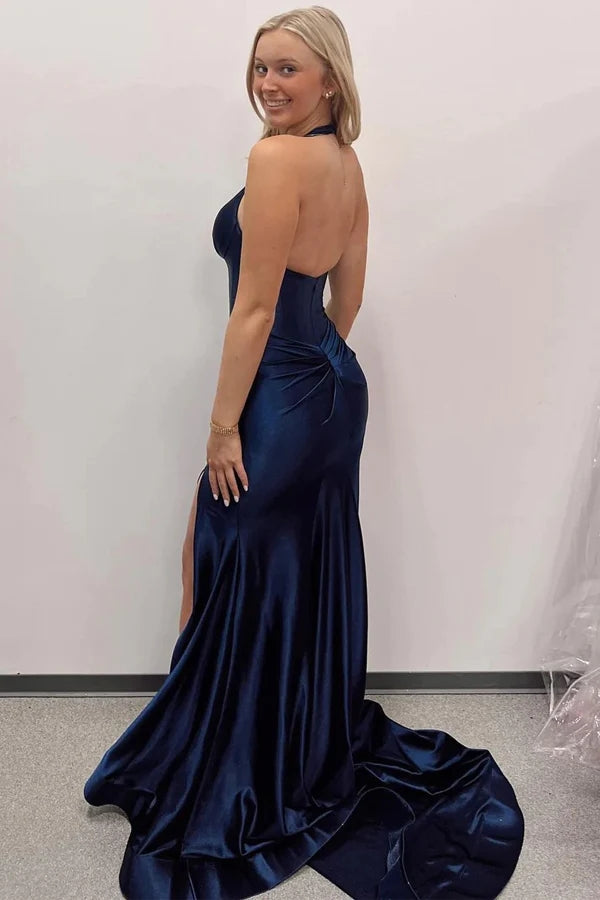 Marineblaues langes Meerjungfrau-Ballkleid mit Neckholder und Schlitz PSK525