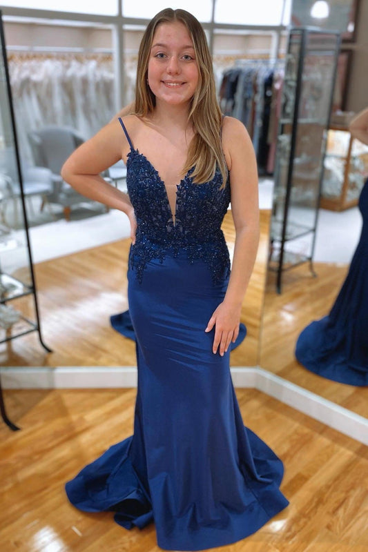 Robe de bal longue bleu marine à décolleté en V et strass PSK402