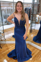 Vestido de fiesta largo azul marino con escote en V y diamantes de imitación (PSK402)