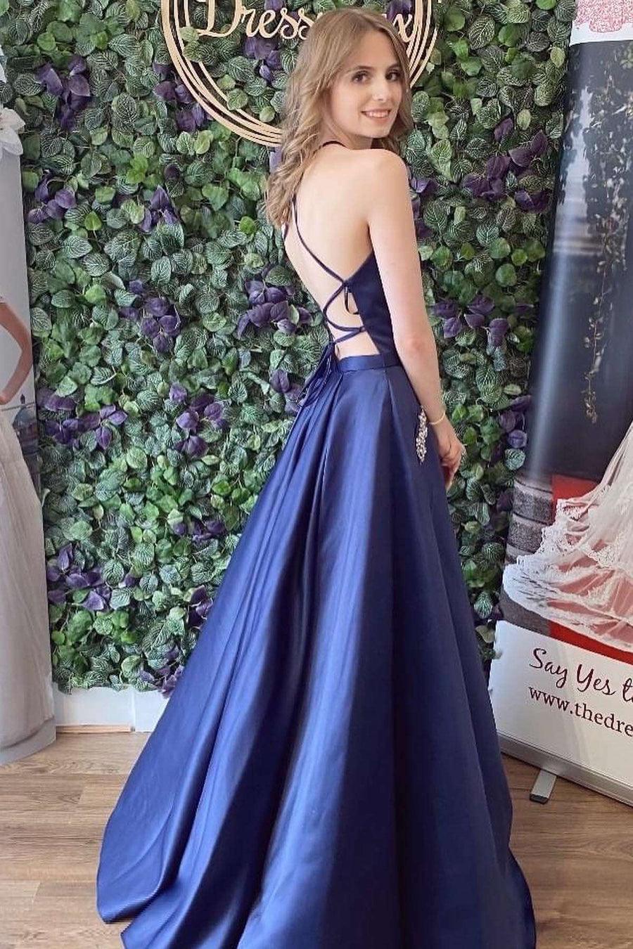 Blue Satin Lace Up Back A-Line Prom Dress With Pockets