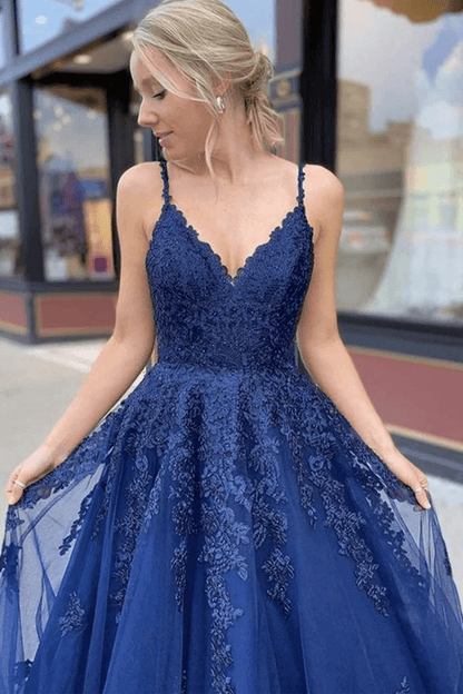 Tulle Lace A-line V-neck Prom Dresses, Long Formal Dresses