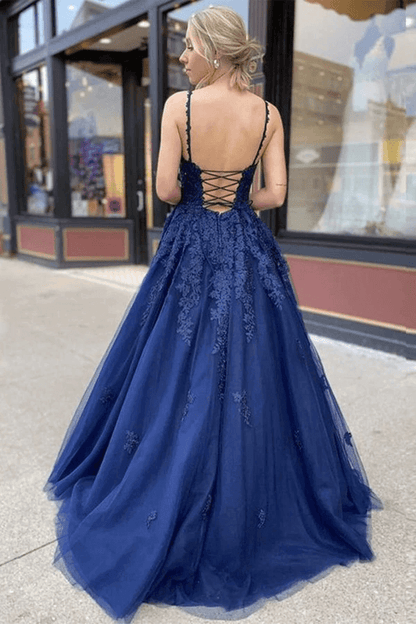 Tulle Lace A-line V-neck Prom Dresses, Long Formal Dresses