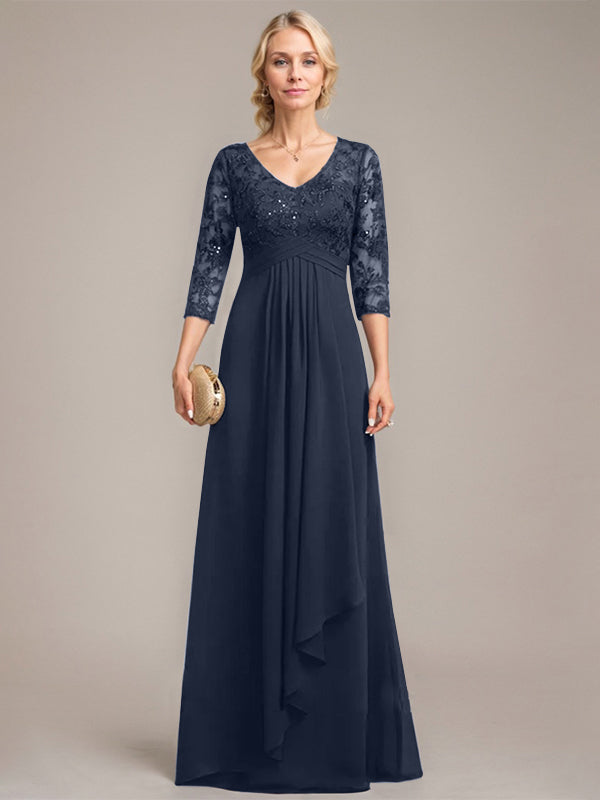 Vestido de madre de la novia de gasa con encaje, escote en V, largo hasta el suelo, con volantes en cascada y lentejuelas