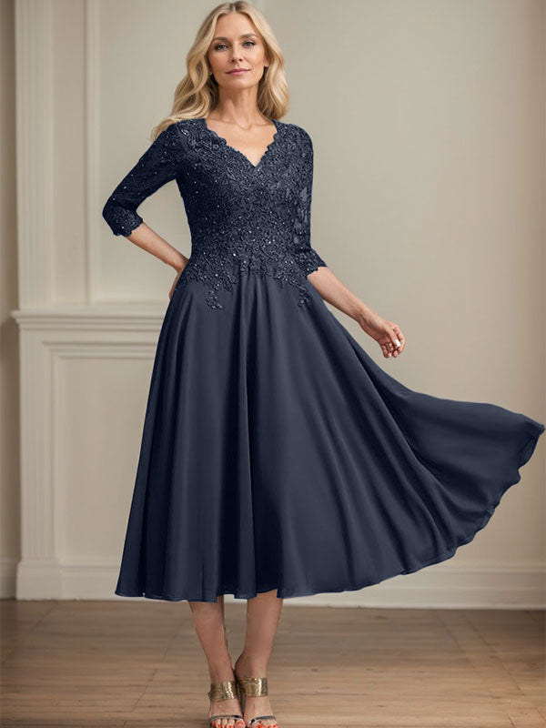Vestido de gasa con encaje y escote en V para madre de la novia, largo hasta la rodilla, con lentejuelas y abalorios