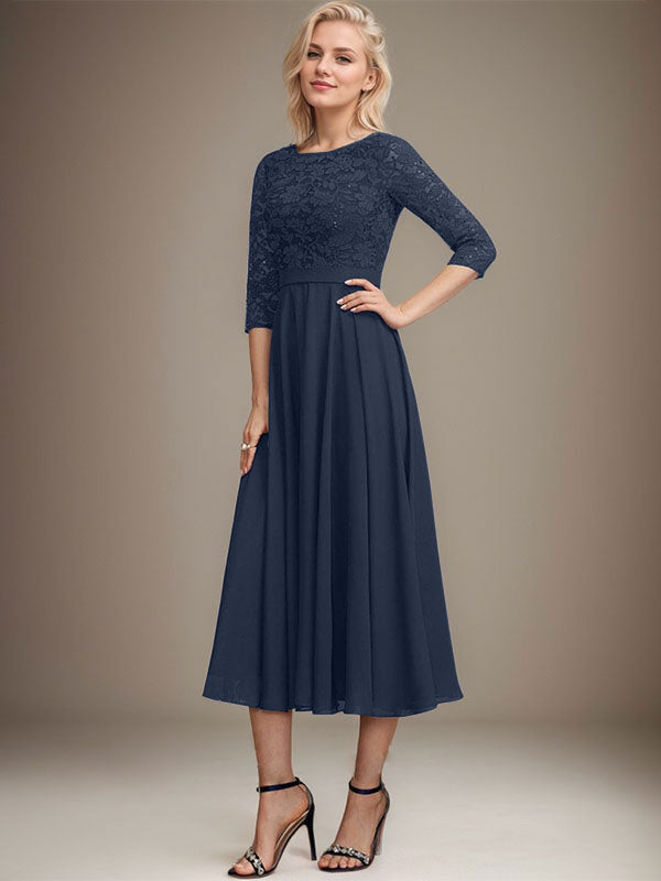 Vestido de gasa con encaje y lentejuelas para madre de la novia, corte A, escote redondo y largo hasta la rodilla
