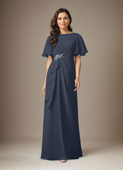 Dunkelmarineblaues Etuikleid aus Chiffon mit Perlen