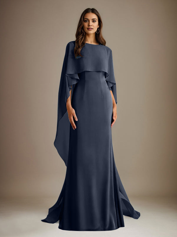 Vestido de gasa para madre de la novia, largo hasta el suelo, con escote barco y corte tubo/columna y volantes en cascada