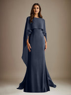 Vestido de gasa para madre de la novia, largo hasta el suelo, con escote barco y corte tubo/columna y volantes en cascada