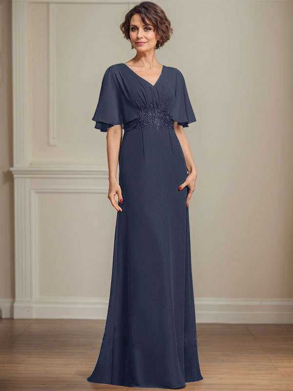 A-Linie V-Ausschnitt Bodenlanges Chiffonkleid für die Brautmutter mit plissierten Paillettenapplikationen Spitze