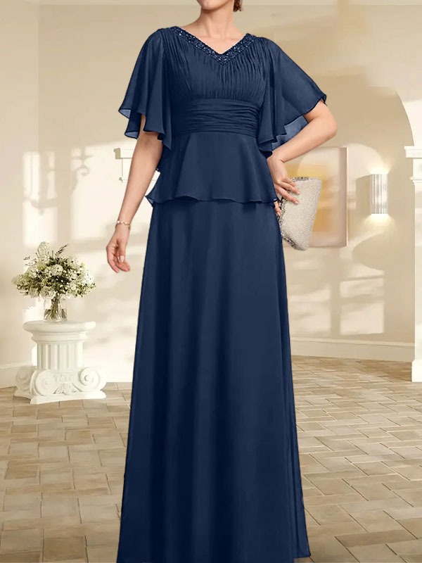 A-Linien-Kleid aus Chiffon mit V-Ausschnitt und bodenlangem Schnitt für die Brautmutter mit plissierten Perlen