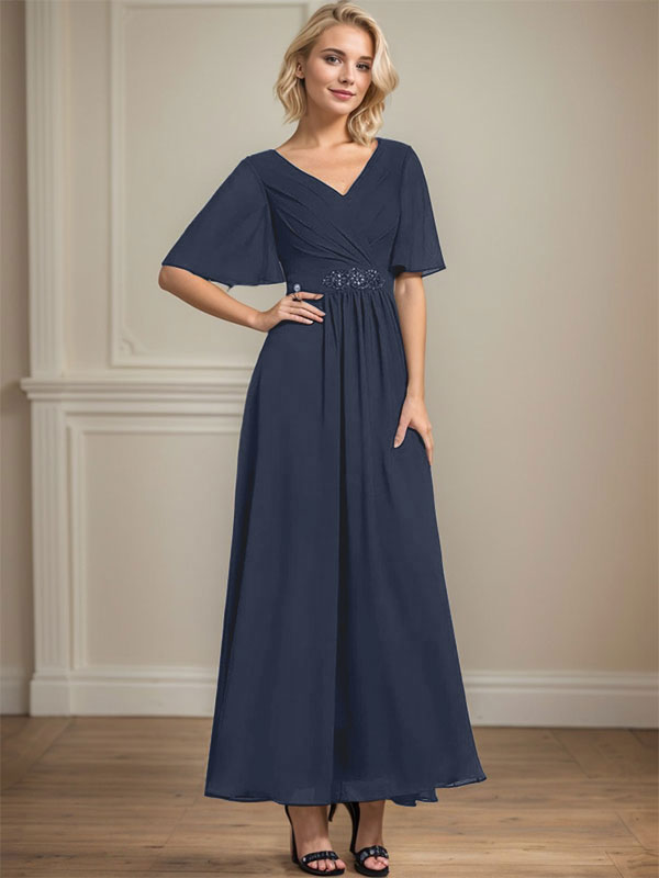 Vestido de gasa para madre de la novia con escote en V, largo hasta los tobillos, corte A y lentejuelas plisadas con cuentas