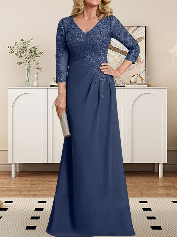 Vestido de madre de la novia de gasa con encaje, escote en V, ilusión, largo hasta el suelo, con lentejuelas plisadas