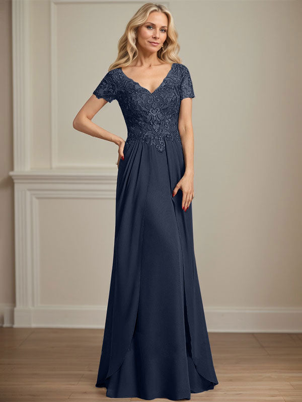 Vestido de gasa con encaje y escote en V hasta el suelo para madre de la novia