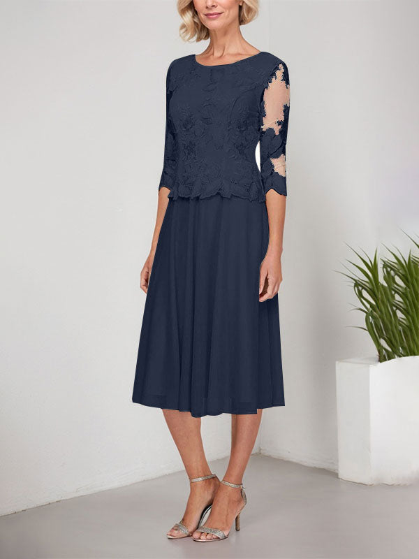 Vestido de gasa con encaje y bordado para madre de la novia, corte A, escote redondo y largo hasta la rodilla