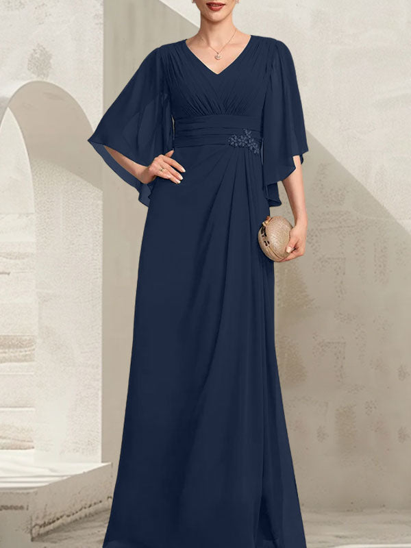 Etui-Linie/Säule V-Ausschnitt Bodenlang Chiffon Kleid für die Brautmutter mit Plissee Pailletten Perlenbesatz