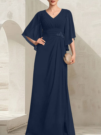 Etui-Linie/Säule V-Ausschnitt Bodenlang Chiffon Kleid für die Brautmutter mit Plissee Pailletten Perlenbesatz