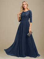 Vestido de madre de la novia de gasa con encaje, corte A, largo hasta el suelo y apliques de lentejuelas