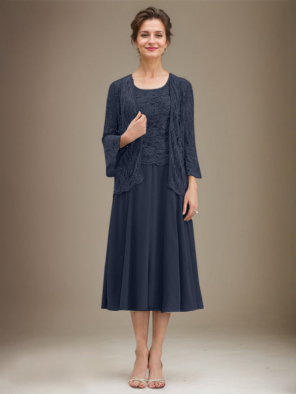 Vestido de gasa con encaje y lentejuelas para madre de la novia, corte A, escote redondo y largo hasta la rodilla