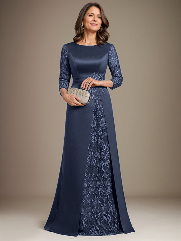 Vestido de madre de la novia de satén con encaje, corte A, largo hasta el suelo y apliques