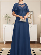 Vestido de gasa con encaje y lentejuelas para madre de la novia, corte A, escote ilusión, largo hasta el suelo