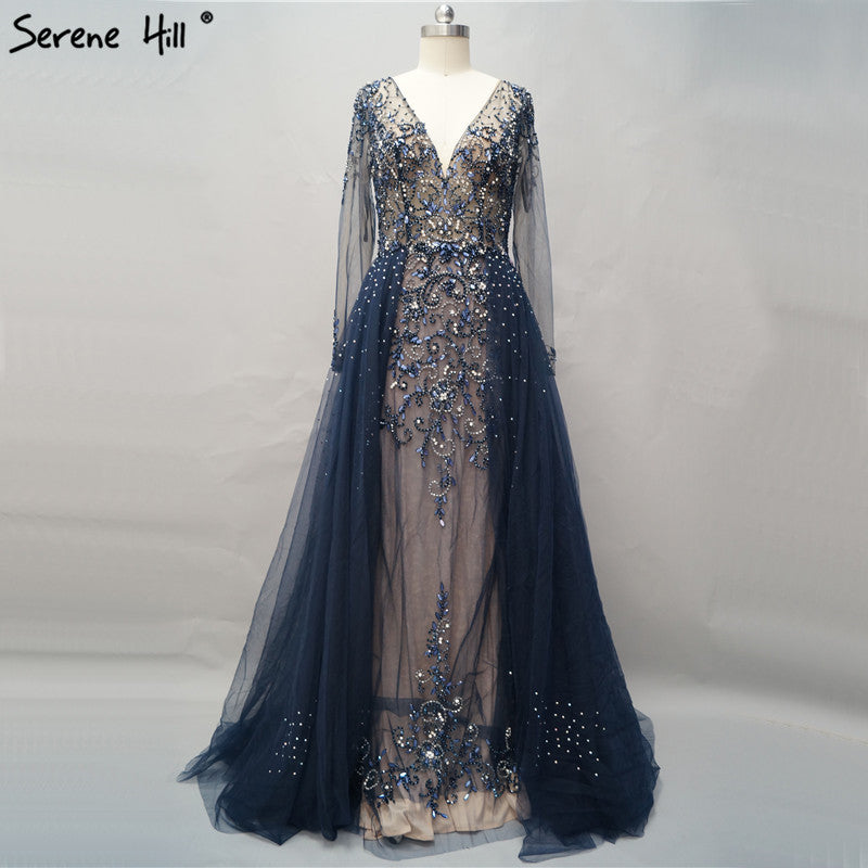 Vestido de noche musulmán largo con escote en V, nuevo modelo 2025, corte A, con cuentas de diamantes y falda sobrefalda. Foto real LA6571.