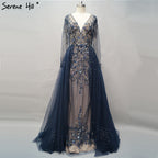 Vestido de noche musulmán largo con escote en V, nuevo modelo 2025, corte A, con cuentas de diamantes y falda sobrefalda. Foto real LA6571.