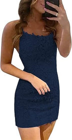 Vestidos de fiesta sin mangas con tirantes finos y encaje azul de columna corta 