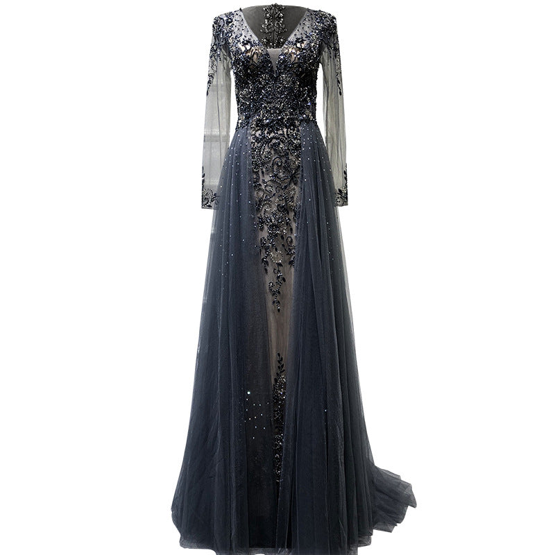 Vestido de noche musulmán largo con escote en V, nuevo modelo 2025, corte A, con cuentas de diamantes y falda sobrefalda. Foto real LA6571.