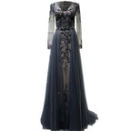 Vestido de noche musulmán largo con escote en V, nuevo modelo 2025, corte A, con cuentas de diamantes y falda sobrefalda. Foto real LA6571.