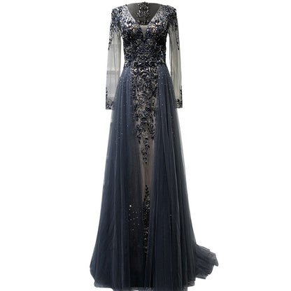 Muslim Long y V-Neck New Evening Dress 2025  A-Line Fashion Diamond Beading With Over Skirt  Evening Dress Real Photo LA6571