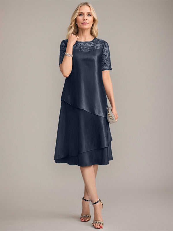 Vestido de madre de la novia con corte en A, escote redondo y largo hasta la rodilla, con apliques y lentejuelas