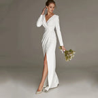 New Civil Wedding Dress V-neck Floor Length White Side Slit Bridal Gown For Bride Lawn 2023 Engagement Party Vestidos Novia-payinti