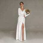 New Civil Wedding Dress V-neck Floor Length White Side Slit Bridal Gown For Bride Lawn 2023 Engagement Party Vestidos Novia-payinti