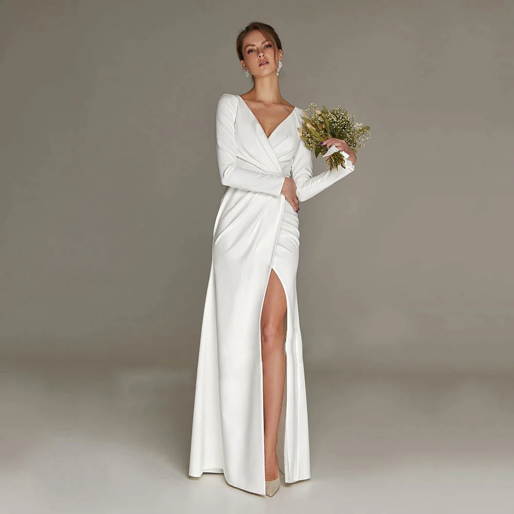 New Civil Wedding Dress V-neck Floor Length White Side Slit Bridal Gown For Bride Lawn 2023 Engagement Party Vestidos Novia-payinti
