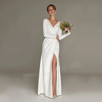 New Civil Wedding Dress V-neck Floor Length White Side Slit Bridal Gown For Bride Lawn 2023 Engagement Party Vestidos Novia-payinti