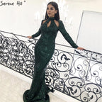 En oferta, sin devolución ni reembolso, nuevo diseñador, verde, cuello alto, sexy, vestidos de noche 2025, lentejuelas, mangas largas, moda de lujo para mujer, fiesta LA6314 
