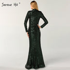 En oferta, sin devolución ni reembolso, nuevo diseñador, verde, cuello alto, sexy, vestidos de noche 2025, lentejuelas, mangas largas, moda de lujo para mujer, fiesta LA6314 