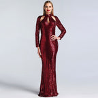 En oferta, sin devolución ni reembolso, nuevo diseñador, verde, cuello alto, sexy, vestidos de noche 2025, lentejuelas, mangas largas, moda de lujo para mujer, fiesta LA6314 