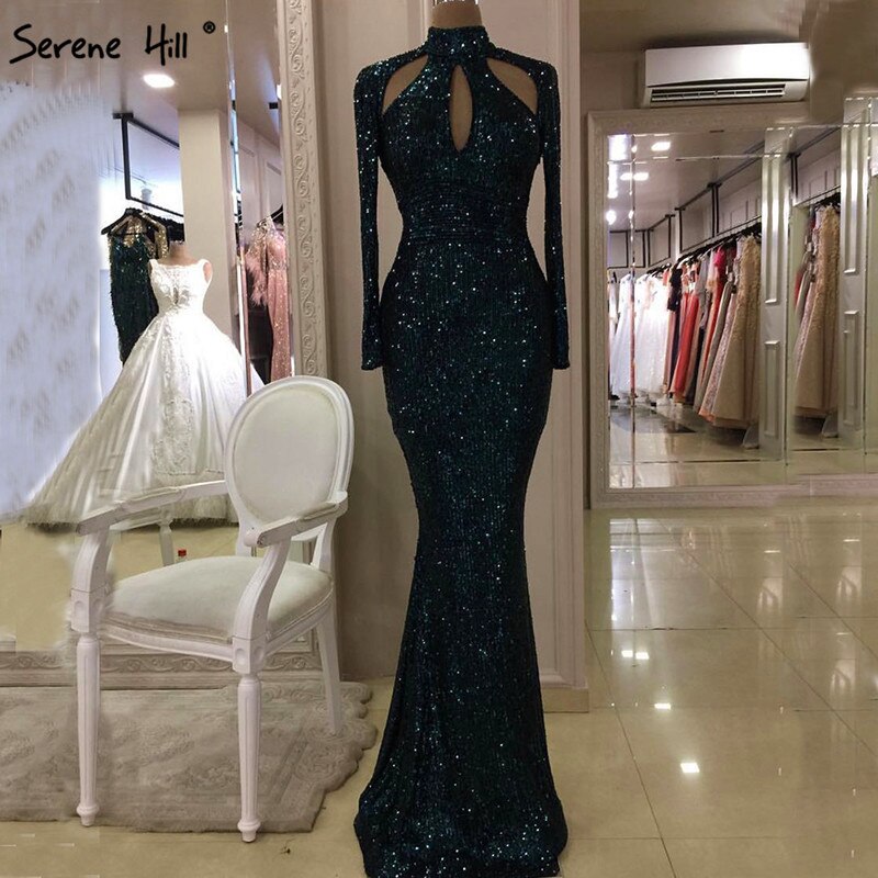 En oferta, sin devolución ni reembolso, nuevo diseñador, verde, cuello alto, sexy, vestidos de noche 2025, lentejuelas, mangas largas, moda de lujo para mujer, fiesta LA6314 