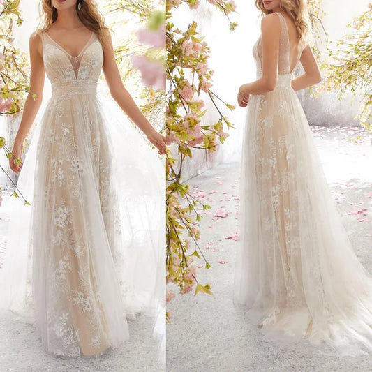 New European and American Foreign Wedding Dress Sexy Fashion V-neck Sleeveless Lace Wedding Dress-payinti