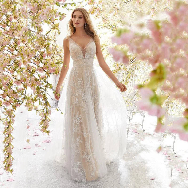 New European and American Foreign Wedding Dress Sexy Fashion V-neck Sleeveless Lace Wedding Dress-payinti