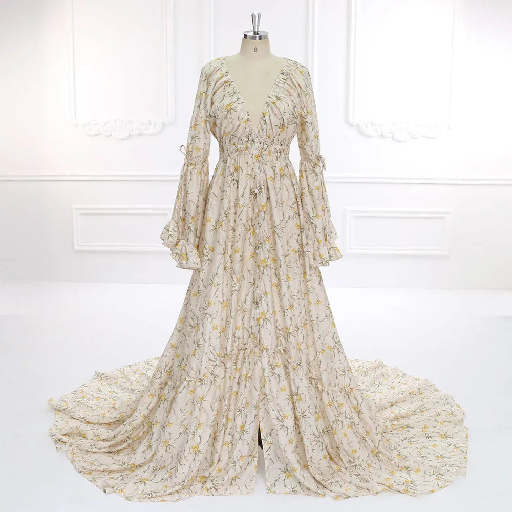 New Floral Print Cotton Long Sleeves Boho Maxi Dress Fancy Pregnancy Shooting Dress Photography Props YEWEN SY211202