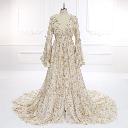 New Floral Print Cotton Long Sleeves Boho Maxi Dress Fancy Pregnancy Shooting Dress Photography Props YEWEN SY211202