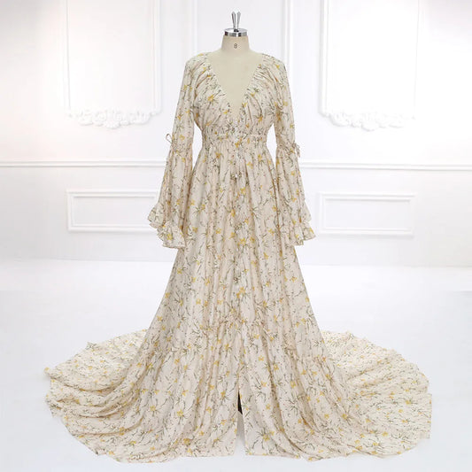 New Floral Print Cotton Long Sleeves Boho Maxi Dress Fancy Pregnancy Shooting Dress Photography Props YEWEN SY211202