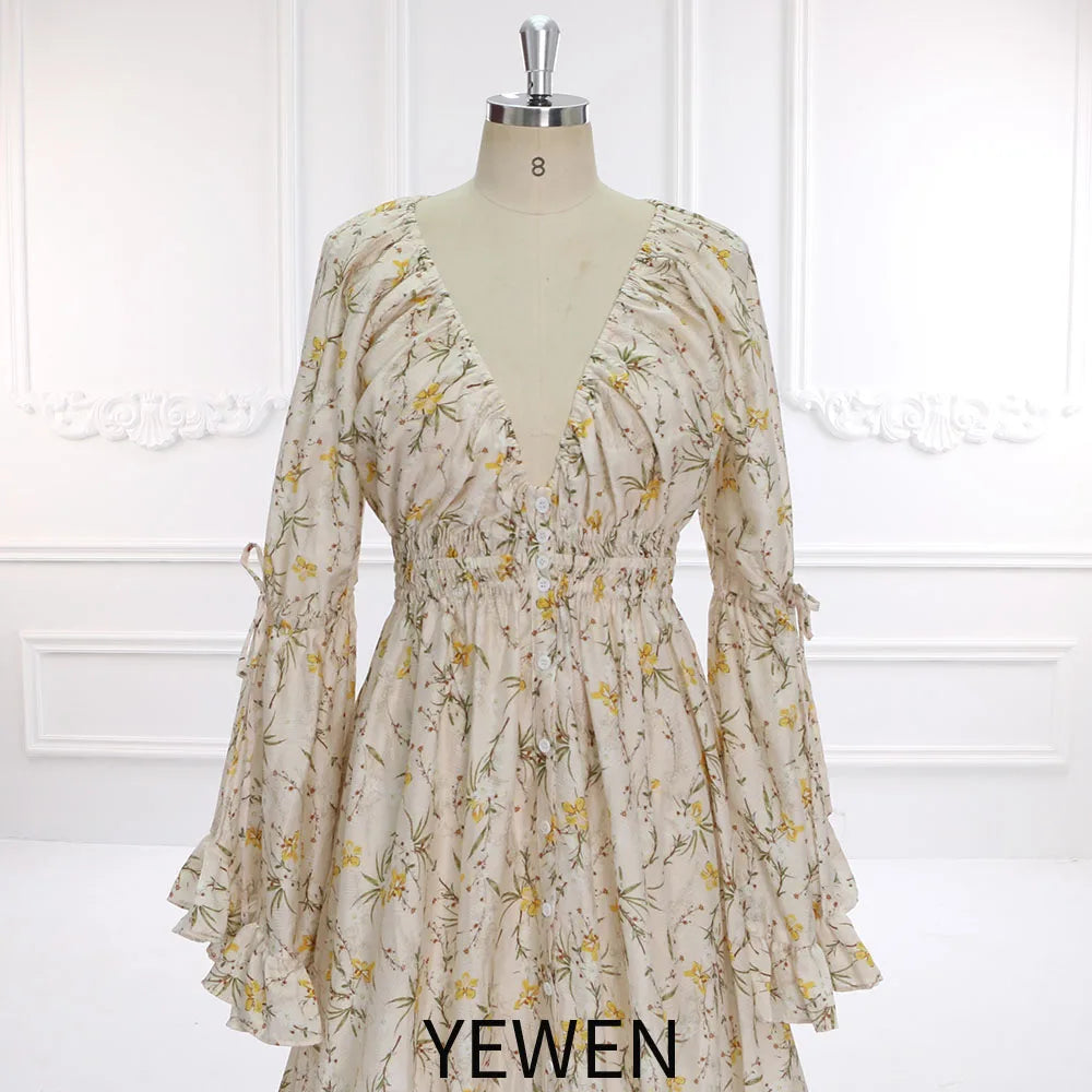 New Floral Print Cotton Long Sleeves Boho Maxi Dress Fancy Pregnancy Shooting Dress Photography Props YEWEN SY211202