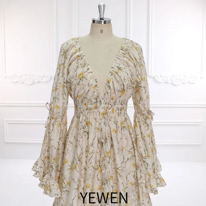 New Floral Print Cotton Long Sleeves Boho Maxi Dress Fancy Pregnancy Shooting Dress Photography Props YEWEN SY211202