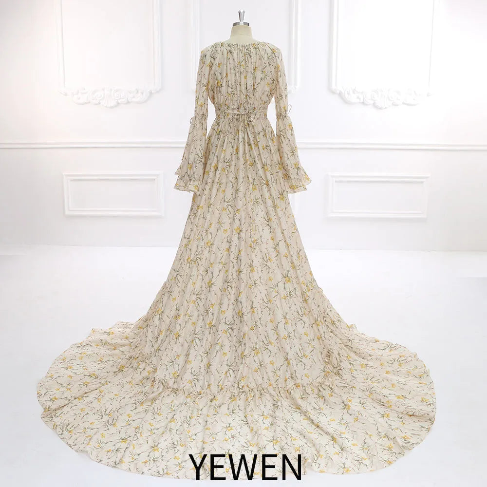 New Floral Print Cotton Long Sleeves Boho Maxi Dress Fancy Pregnancy Shooting Dress Photography Props YEWEN SY211202